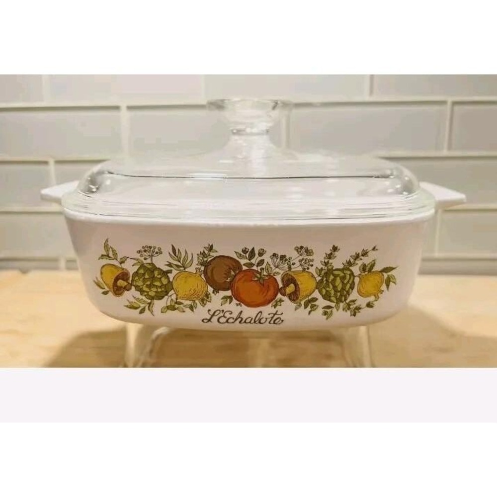 Vtg Corning Ware Casserole Dish Spice of Life L'echalote 1 Qt w/ glass Lid cook
